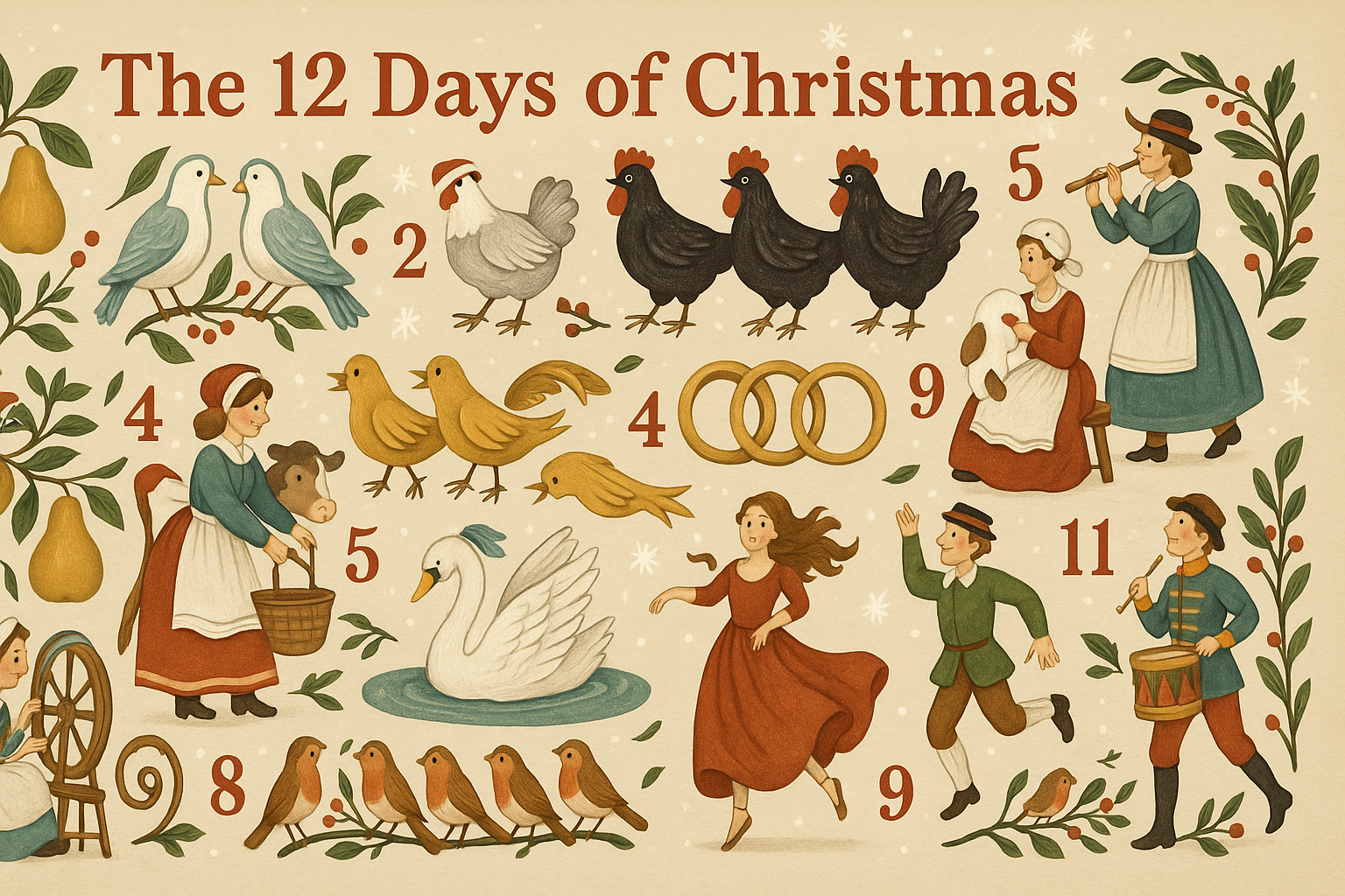 Folk-style illustration of the Twelve Days of Christmas gifts: birds, gold rings, dancers, pipers, and a drummer.
