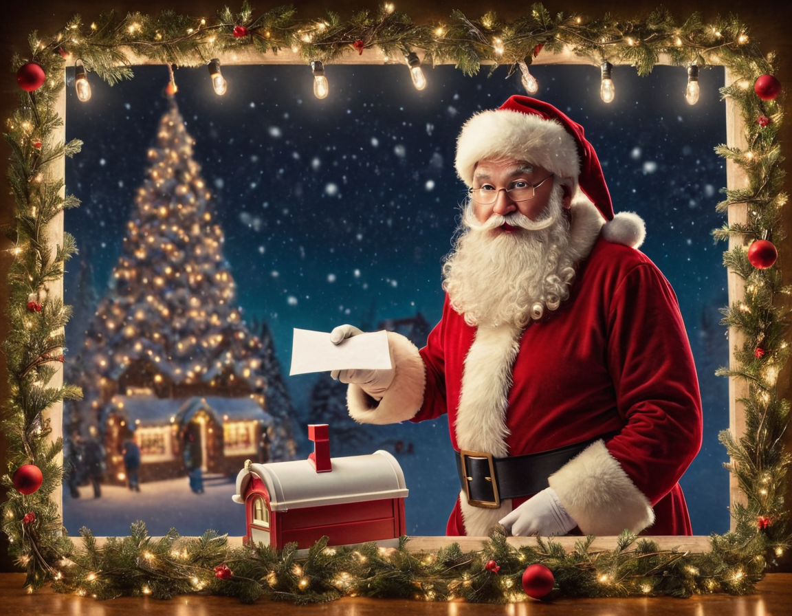 A friendly Santa holding a letter beside a red mailbox, with a snowy Christmas tree village in the background.